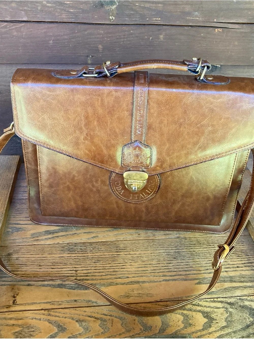 Vtg 90s Italian Brown Leather messenger Briefcase Shoulder Bag